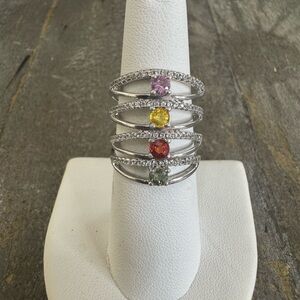 SMJ Sterling Silver 4 Gems Multicolor Statement Ring Tiny Diamond Accents Sz 7